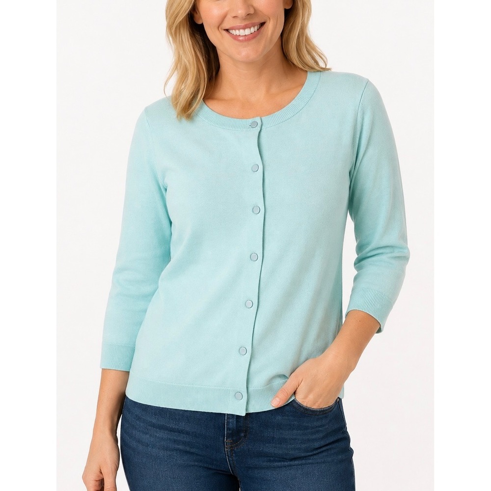 Talbots Cardigan Womens XL Blue Pima Cotton 3/4 Sleeve Crew Neck‎ Sweater Preppy